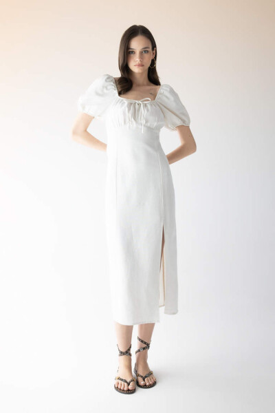 White Linen A-line Dress with Ruffled Neckline and Slit, Short Sleeves, Midi Length, Ecru - 2