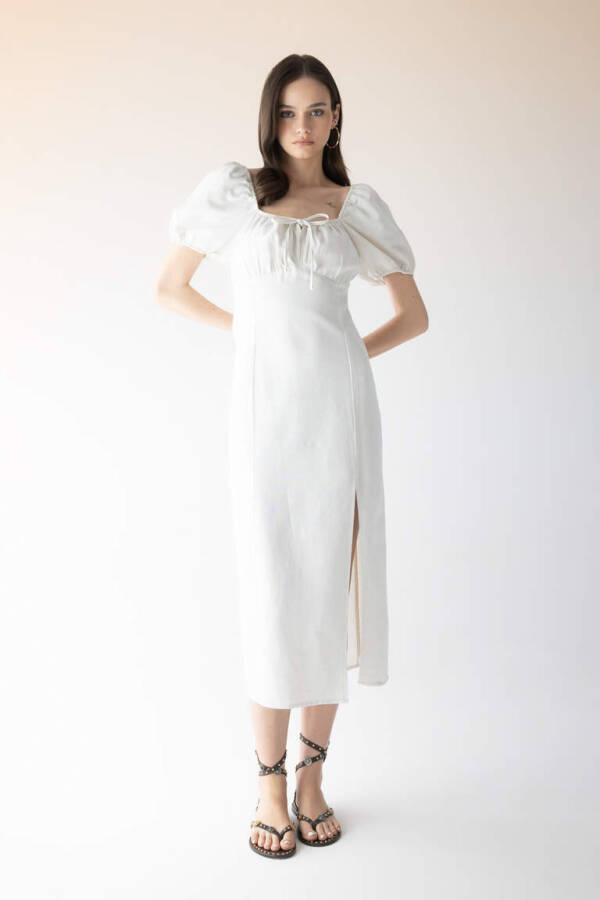 White Linen A-line Dress with Ruffled Neckline and Slit, Short Sleeves, Midi Length, Ecru - 2