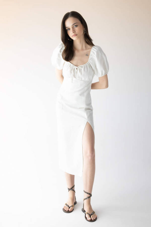 White Linen A-line Dress with Ruffled Neckline and Slit, Short Sleeves, Midi Length, Ecru - 3