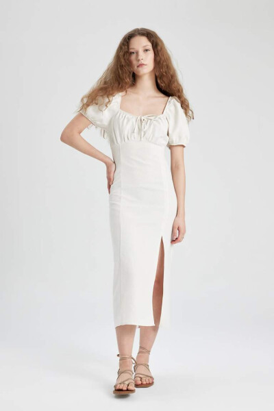 White Linen A-line Dress with Ruffled Neckline and Slit, Short Sleeves, Midi Length, Ecru - 4