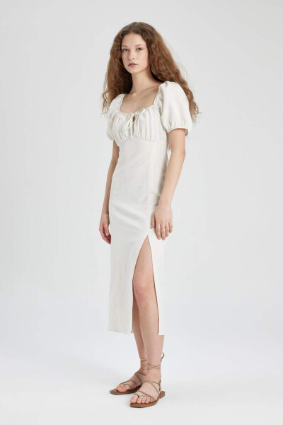 White Linen A-line Dress with Ruffled Neckline and Slit, Short Sleeves, Midi Length, Ecru - 5