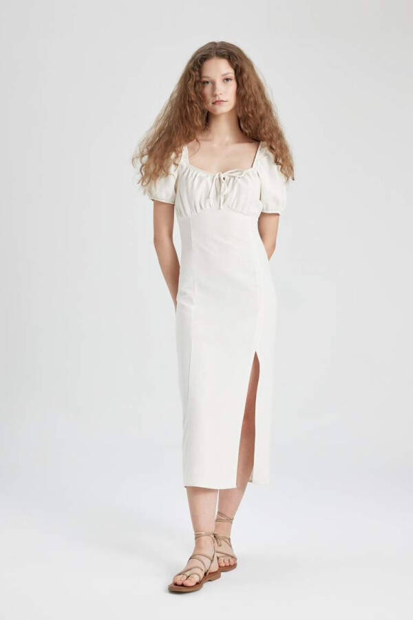 White Linen A-line Dress with Ruffled Neckline and Slit, Short Sleeves, Midi Length, Ecru - 6