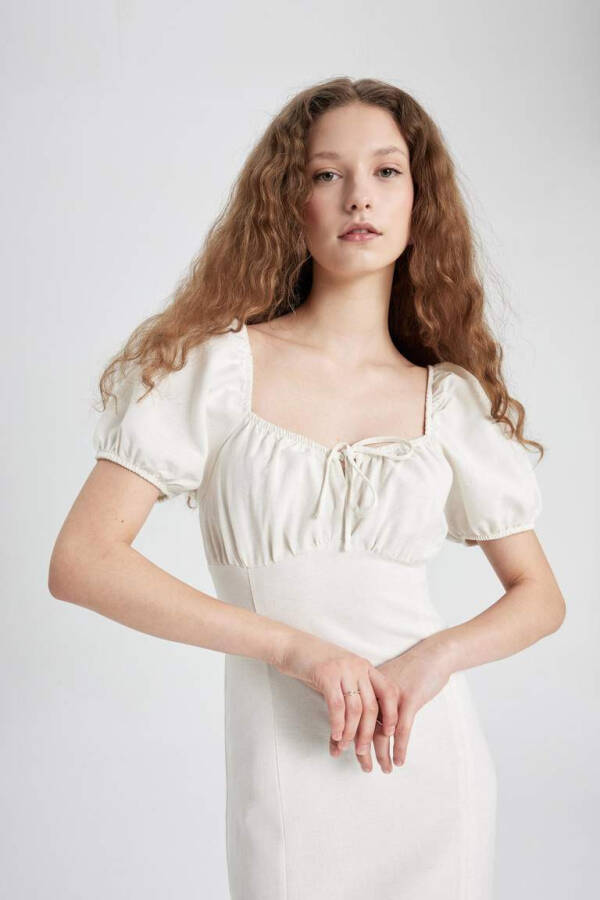 White Linen A-line Dress with Ruffled Neckline and Slit, Short Sleeves, Midi Length, Ecru - 7