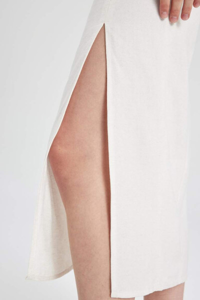 White Linen A-line Dress with Ruffled Neckline and Slit, Short Sleeves, Midi Length, Ecru - 9