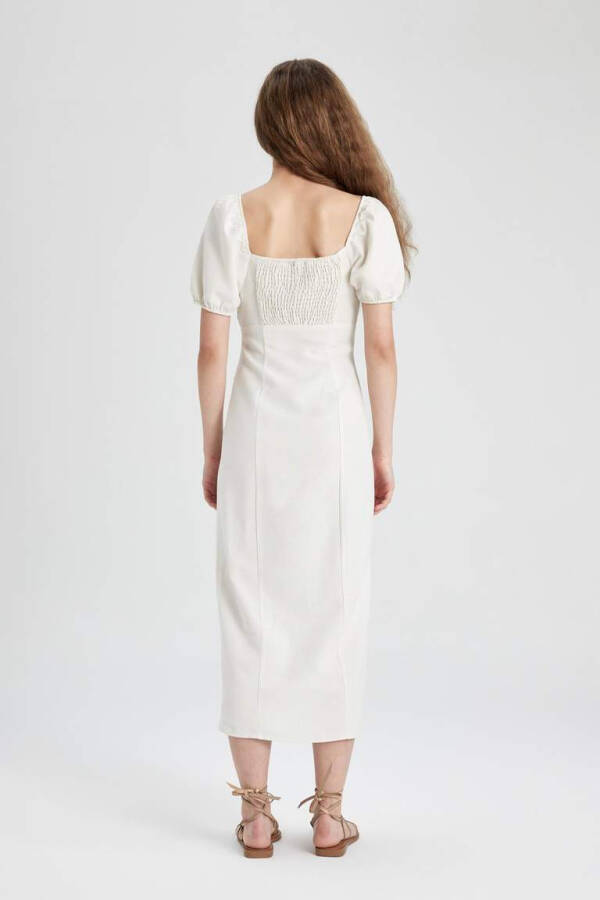 White Linen A-line Dress with Ruffled Neckline and Slit, Short Sleeves, Midi Length, Ecru - 10