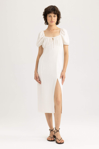 White Linen A-line Dress with Ruffled Neckline and Slit, Short Sleeves, Midi Length, Ecru - 11