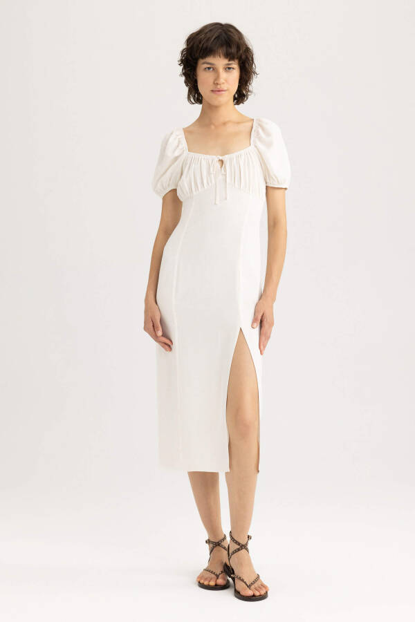 White Linen A-line Dress with Ruffled Neckline and Slit, Short Sleeves, Midi Length, Ecru - 11