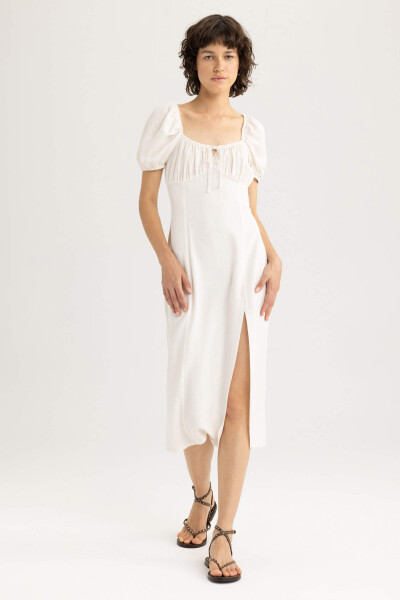 White Linen A-line Dress with Ruffled Neckline and Slit, Short Sleeves, Midi Length, Ecru - 12