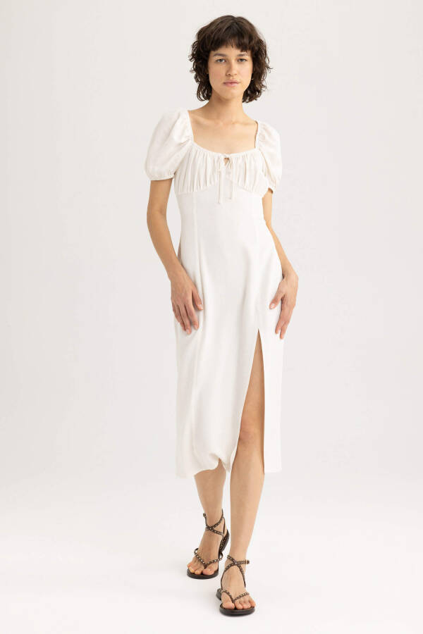 White Linen A-line Dress with Ruffled Neckline and Slit, Short Sleeves, Midi Length, Ecru - 12