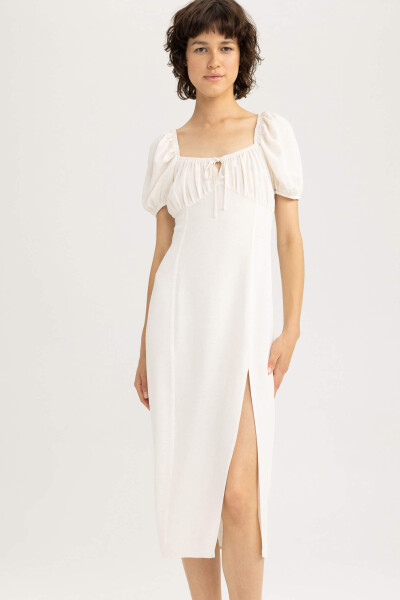 White Linen A-line Dress with Ruffled Neckline and Slit, Short Sleeves, Midi Length, Ecru - 13