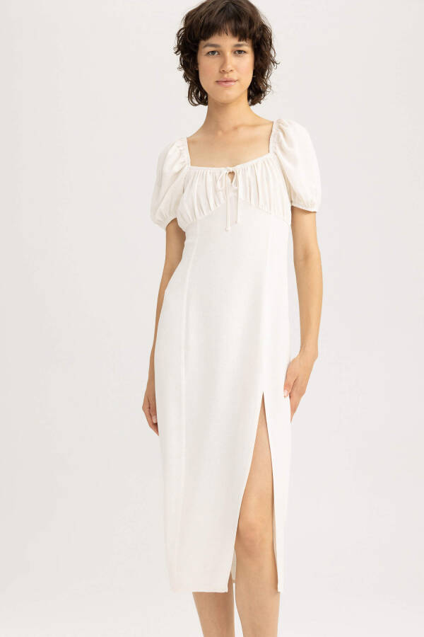 White Linen A-line Dress with Ruffled Neckline and Slit, Short Sleeves, Midi Length, Ecru - 13