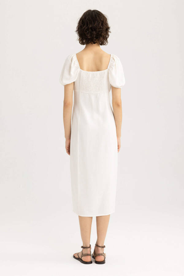 White Linen A-line Dress with Ruffled Neckline and Slit, Short Sleeves, Midi Length, Ecru - 15