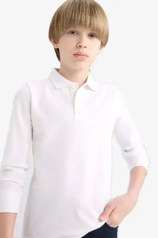 White Long Sleeve School Polo Shirt for Boys - 4