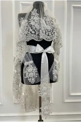 White Luxury Vip Deluxe Bridal Veil Set, Henna Night Veil 6-Piece Full Set - White - 1