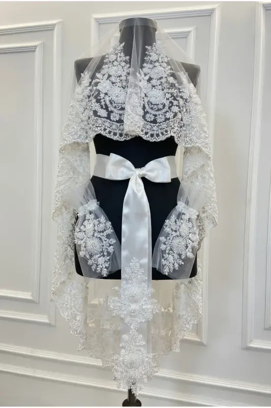 White Luxury Vip Deluxe Bridal Veil Set, Henna Night Veil 6-Piece Full Set - White - 4