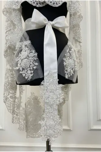 White Luxury Vip Deluxe Bridal Veil Set, Henna Night Veil 6-Piece Full Set - White - 5