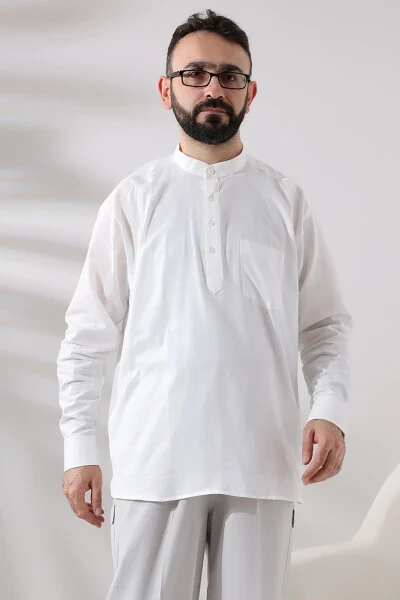 White Male Loose-Fit 3-Button Clergy Collar Hajj and Umrah Linen Shirt - IHVAN ONLINE