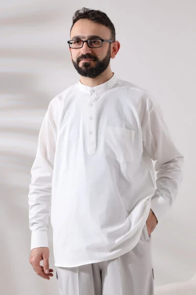 White Male Loose-Fit 3-Button Clergy Collar Hajj and Umrah Linen Shirt - IHVAN ONLINE (1)