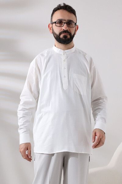 White Male Loose-Fit 3-Button Clergy Collar Hajj and Umrah Linen Shirt - 1