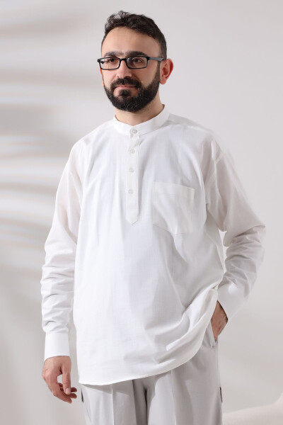 White Male Loose-Fit 3-Button Clergy Collar Hajj and Umrah Linen Shirt - 2