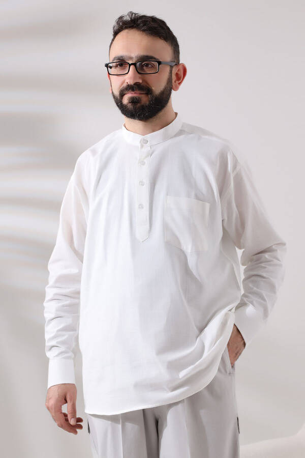 White Male Loose-Fit 3-Button Clergy Collar Hajj and Umrah Linen Shirt - 2