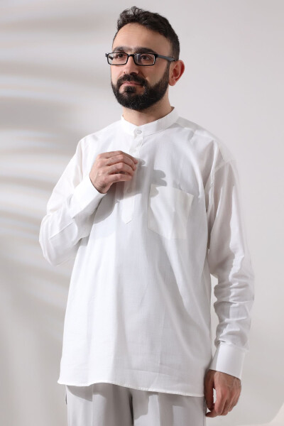 White Male Loose-Fit 3-Button Clergy Collar Hajj and Umrah Linen Shirt - 3