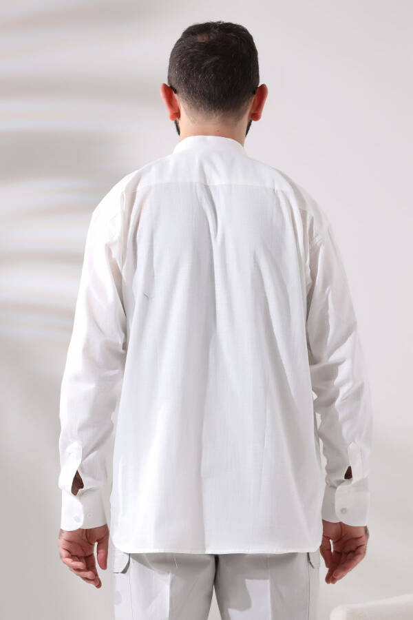 White Male Loose-Fit 3-Button Clergy Collar Hajj and Umrah Linen Shirt - 4