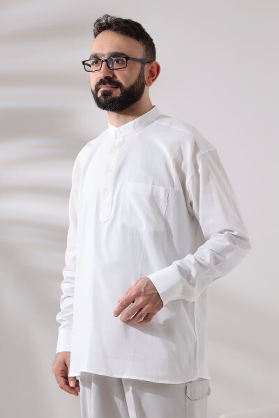 White Male Loose-Fit 3-Button Clergy Collar Hajj and Umrah Linen Shirt - 5