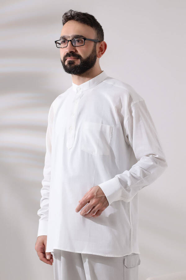 White Male Loose-Fit 3-Button Clergy Collar Hajj and Umrah Linen Shirt - 5