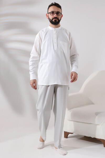 White Male Loose-Fit 3-Button Clergy Collar Hajj and Umrah Linen Shirt - 6