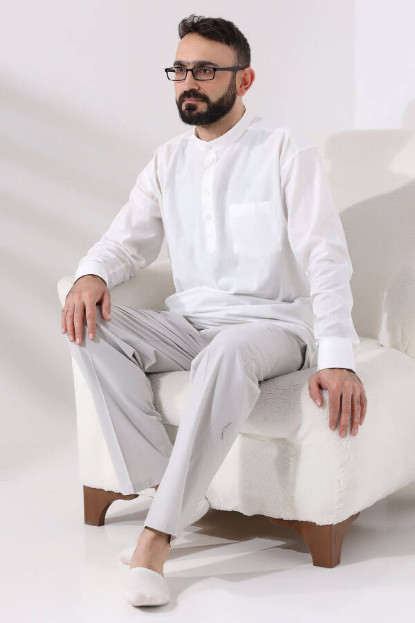 White Male Loose-Fit 3-Button Clergy Collar Hajj and Umrah Linen Shirt - 7