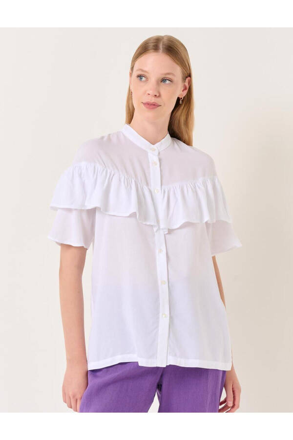 White Mandarin Collar Short Sleeve Ruffle Detail Shirt - 19