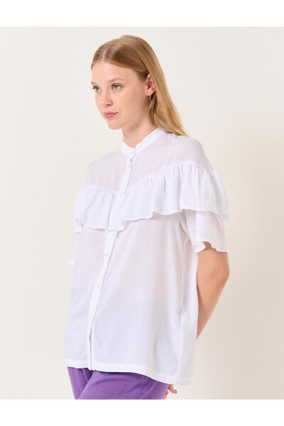 White Mandarin Collar Short Sleeve Ruffle Detail Shirt - 20