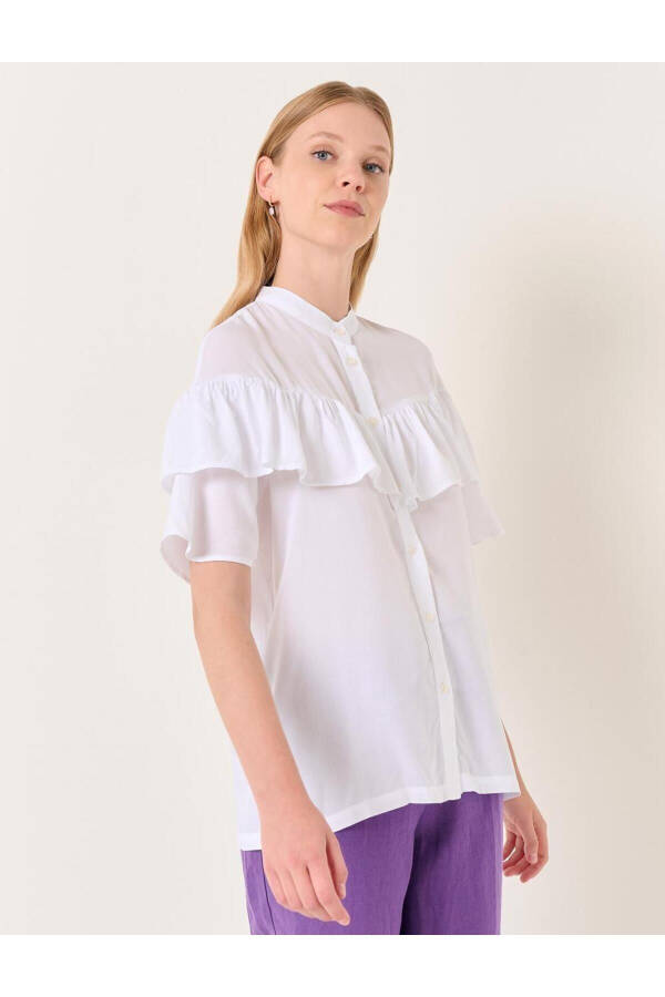 White Mandarin Collar Short Sleeve Ruffle Detail Shirt - 21