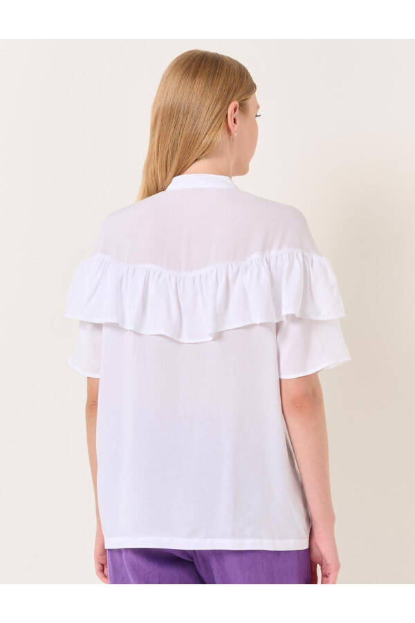 White Mandarin Collar Short Sleeve Ruffle Detail Shirt - 22