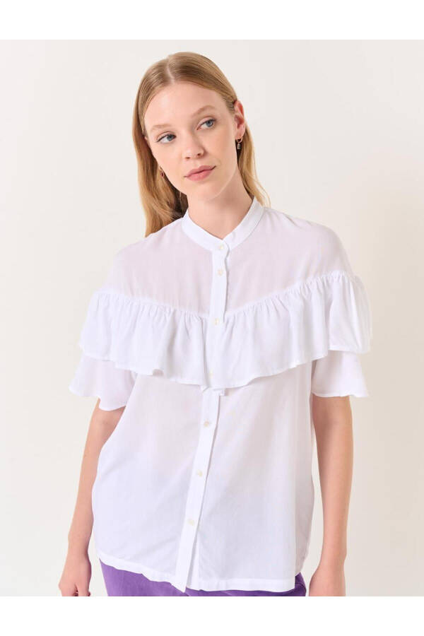 White Mandarin Collar Short Sleeve Ruffle Detail Shirt - 23