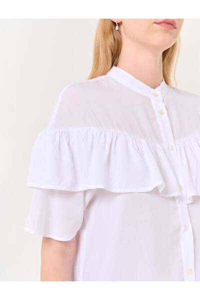 White Mandarin Collar Short Sleeve Ruffle Detail Shirt - 24