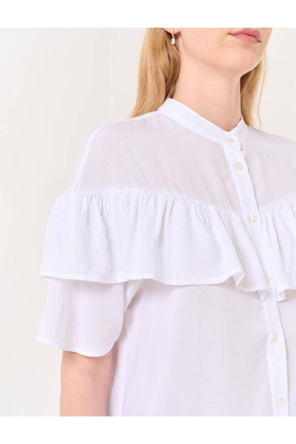 White Mandarin Collar Short Sleeve Ruffle Detail Shirt - 24