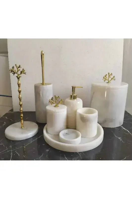 White Marble Bathroom Set 8 Pcs-WHITE - 1