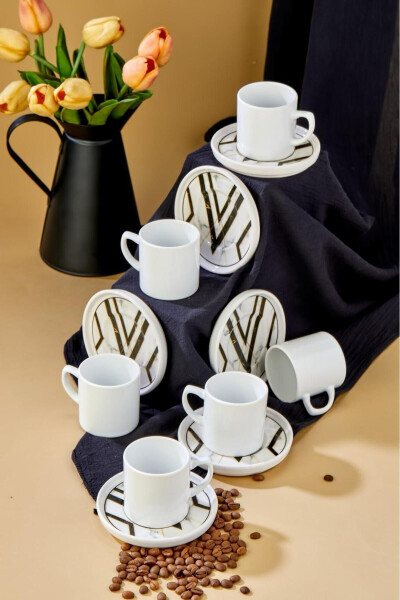 White Marble Pattern 12 Piece Luxury Ceramic Coffee Cup Set, Turkish Coffee Cup - 1