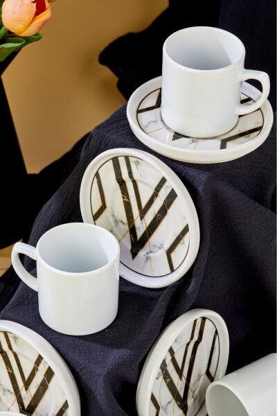 White Marble Pattern 12 Piece Luxury Ceramic Coffee Cup Set, Turkish Coffee Cup - 2