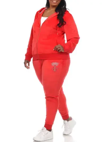 White Mark Women's Plus Size 2 Piece Rhinestone Velour Tracksuit Set- - 4