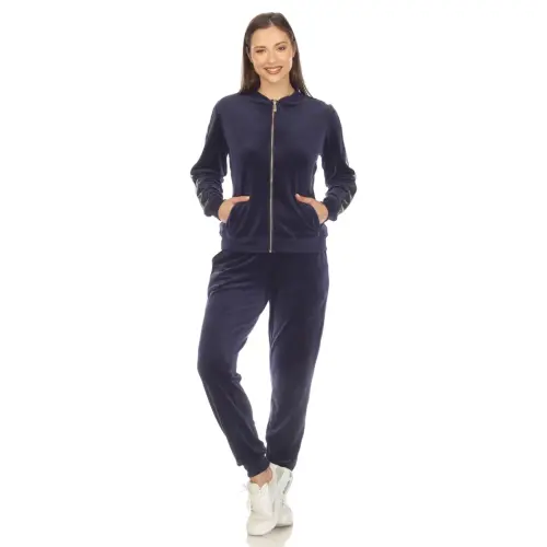White Mark Women's 2-Piece Velour Long Sleeve Tracksuit Set with Faux Leather Stripe - 3