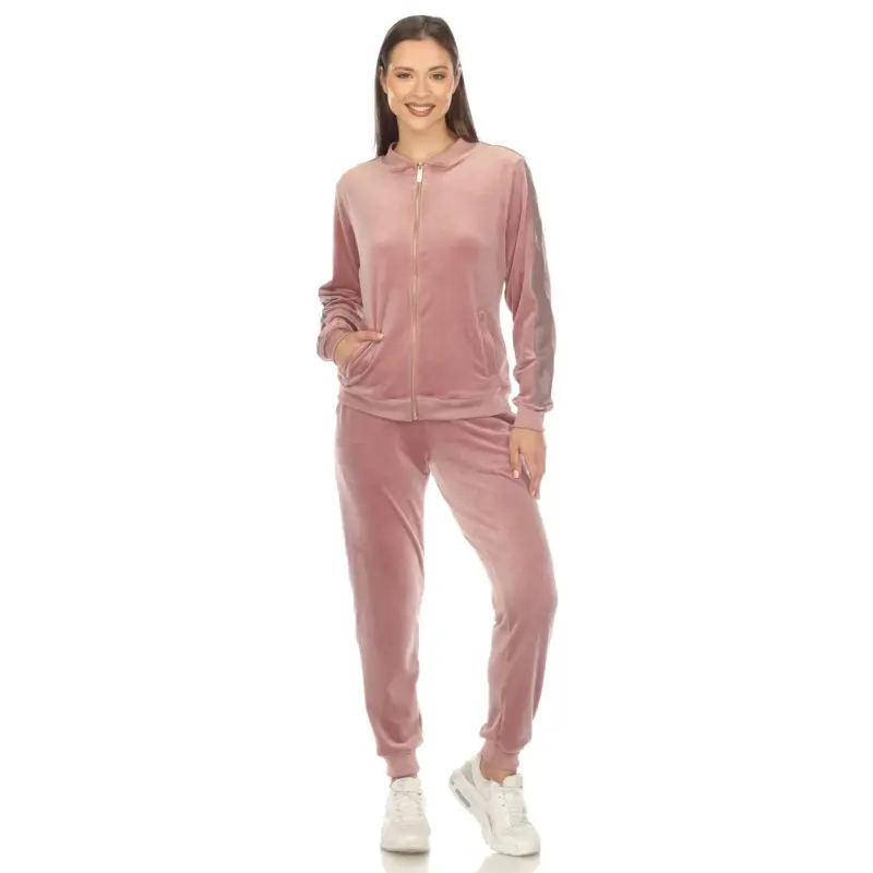 White Mark Women's 2-Piece Velour Long Sleeve Tracksuit Set with Faux Leather Stripe - 4
