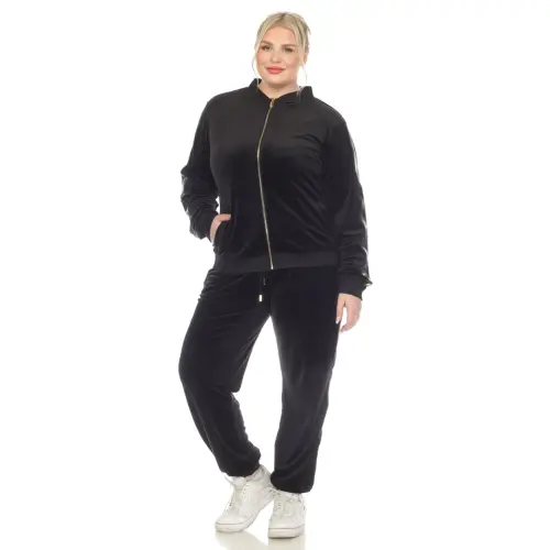 White Mark Women's 2-Piece Velour Long Sleeve Tracksuit Set with Faux Leather Stripe - 7