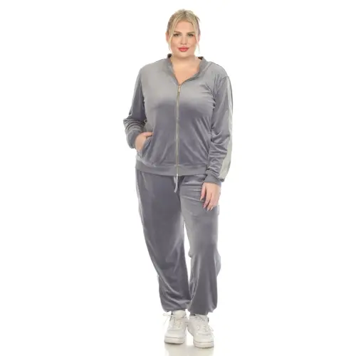 White Mark Women's 2-Piece Velour Long Sleeve Tracksuit Set with Faux Leather Stripe - 10