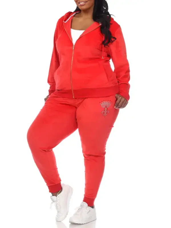 White Mark Women's Plus Size 2 Piece Rhinestone Velour Tracksuit Set- - 1