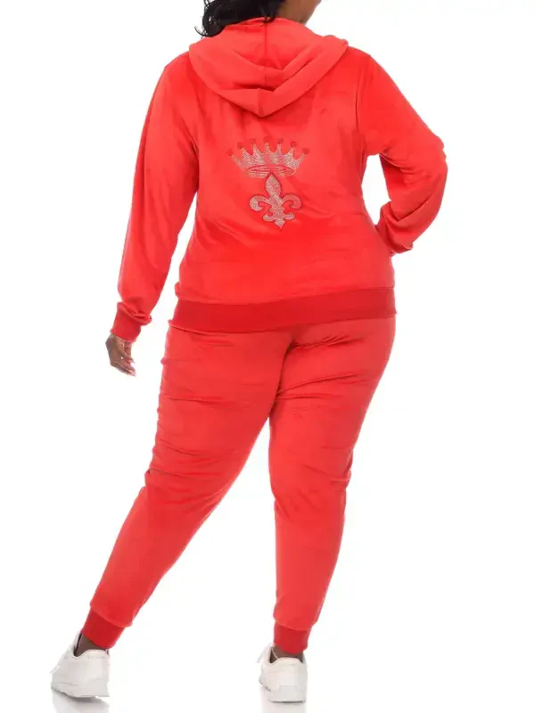 White Mark Women's Plus Size 2 Piece Rhinestone Velour Tracksuit Set- - 3