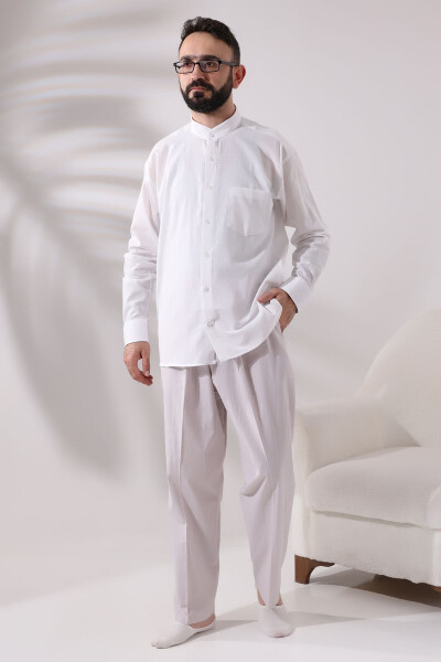 White Men Loose Fit Single Pocket Mandarin Collar Hajj and Umrah Linen Shirt - IHVAN ONLINE (1)