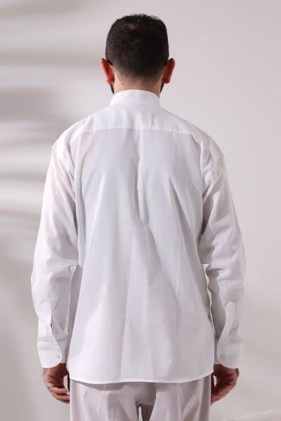 White Men Loose Fit Single Pocket Mandarin Collar Hajj and Umrah Linen Shirt - 5